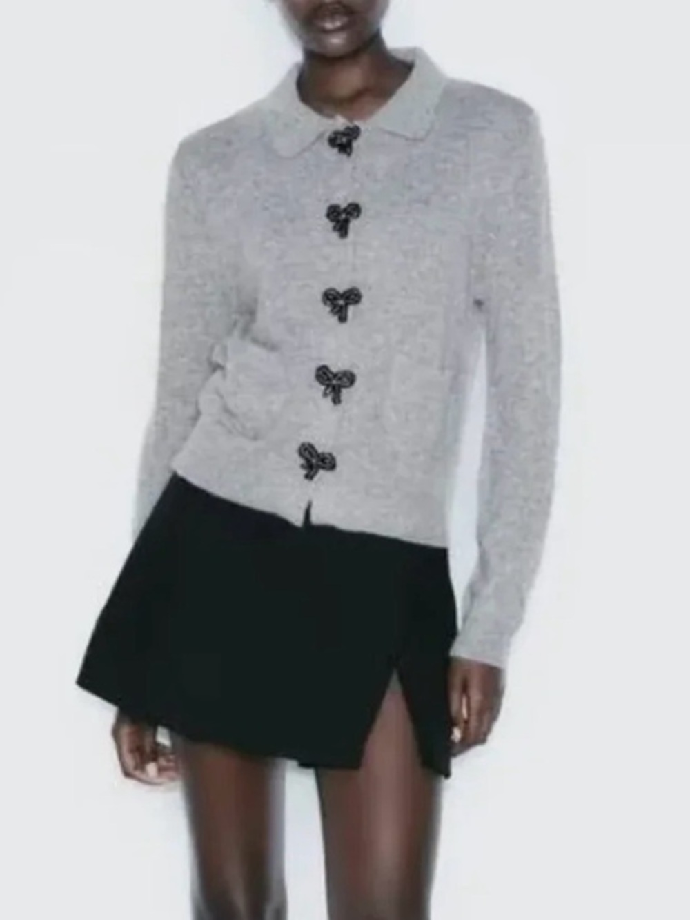Zara Bow Button Lapel  Light Gray Cardigan - Size Meedium